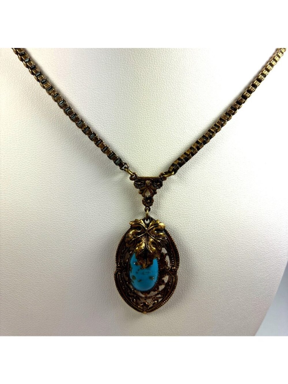 Vintage Style Turquoise Pendant Necklace Filigree Gold Tone Book Chain